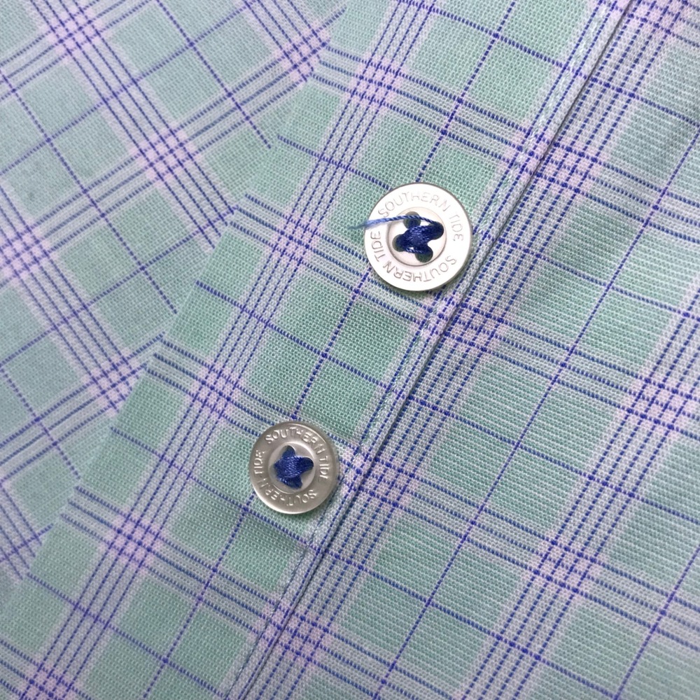 Southern Tide Mens Large Mint Green Purple Plaid Long Sleeve Button Down Shirt - Picture 10 of 15